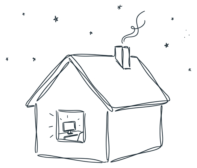 A house at night with one lit window and a computer glowing inside.