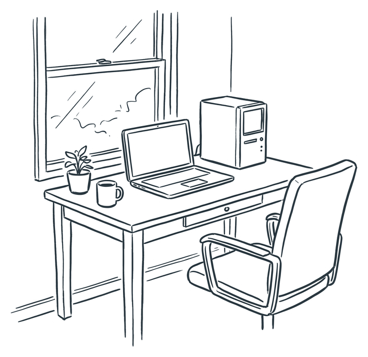 A desk by a window with a laptop and a small computer working, and an empty chair.