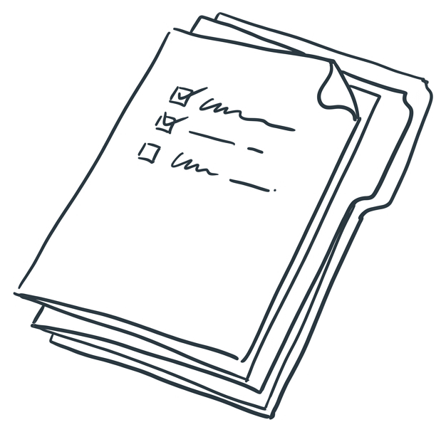 A small stack of folders, the top one with a checklist and its corner turned up.