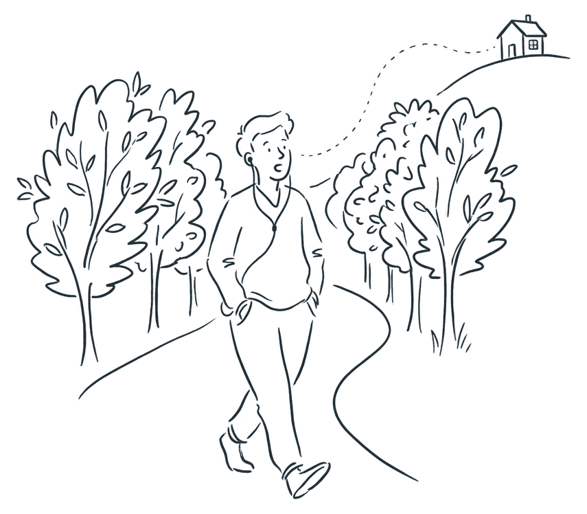 A person walking through a park talking, with a dotted line drifting back to a house on a hill with one lit window.