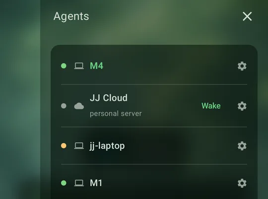 The Agents list on a phone: three computers and a personal server, each with a status dot.