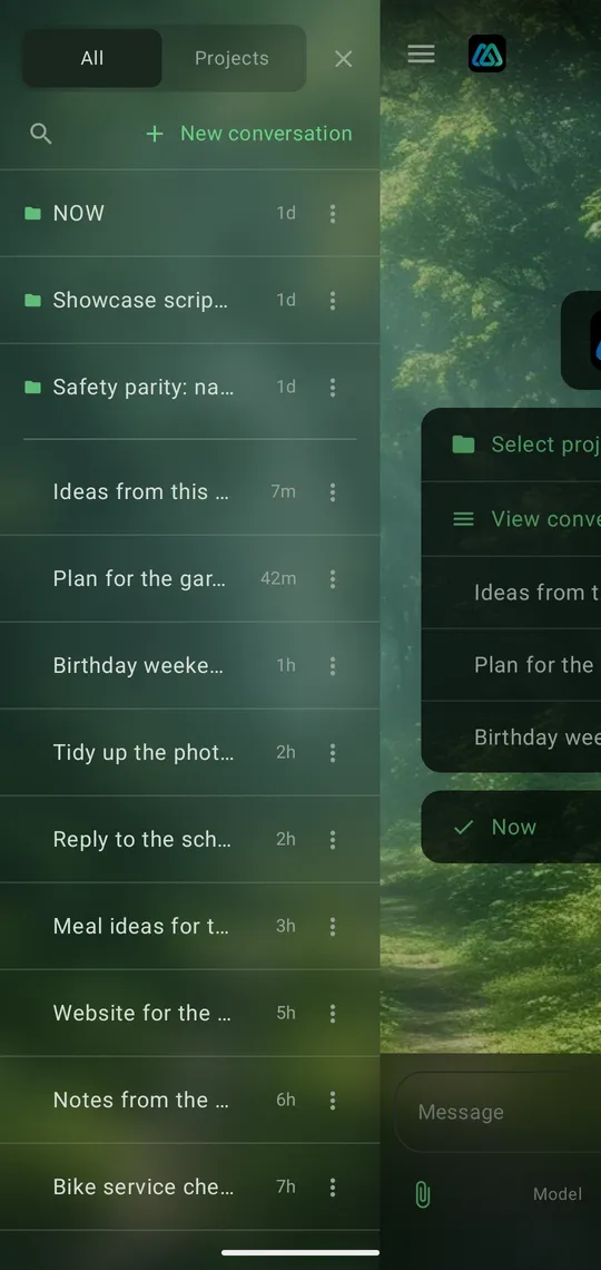 The list of conversations on a phone: walk ideas, a garden plan, a weekend in Bath, tidying photos, a reply to a school and more.