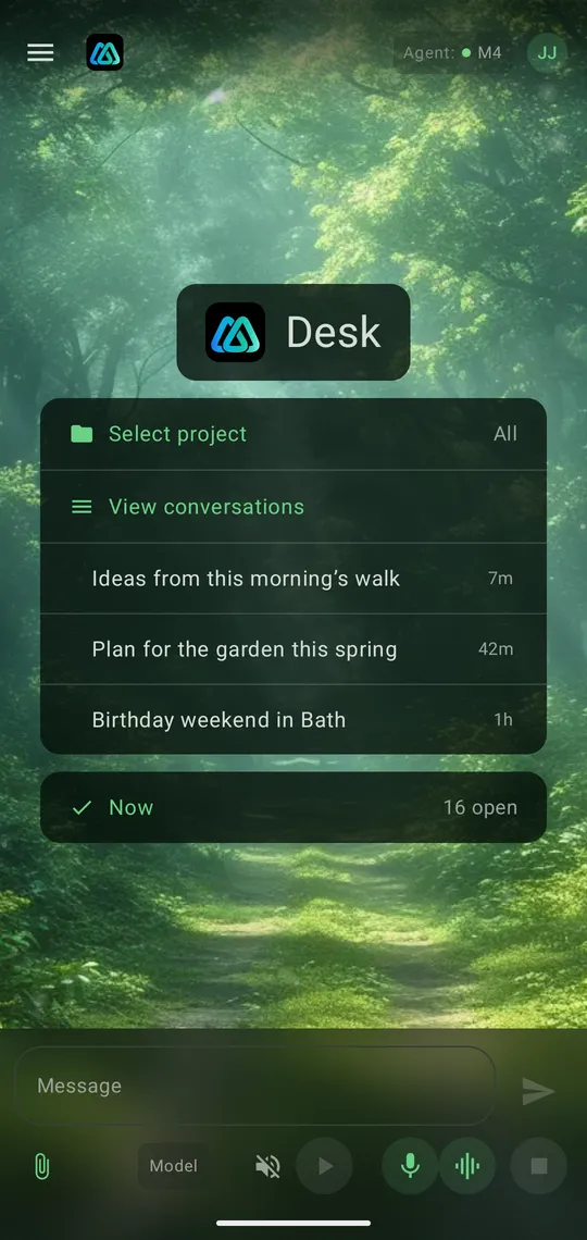 Desk on a phone: the home screen with the same recent conversations.